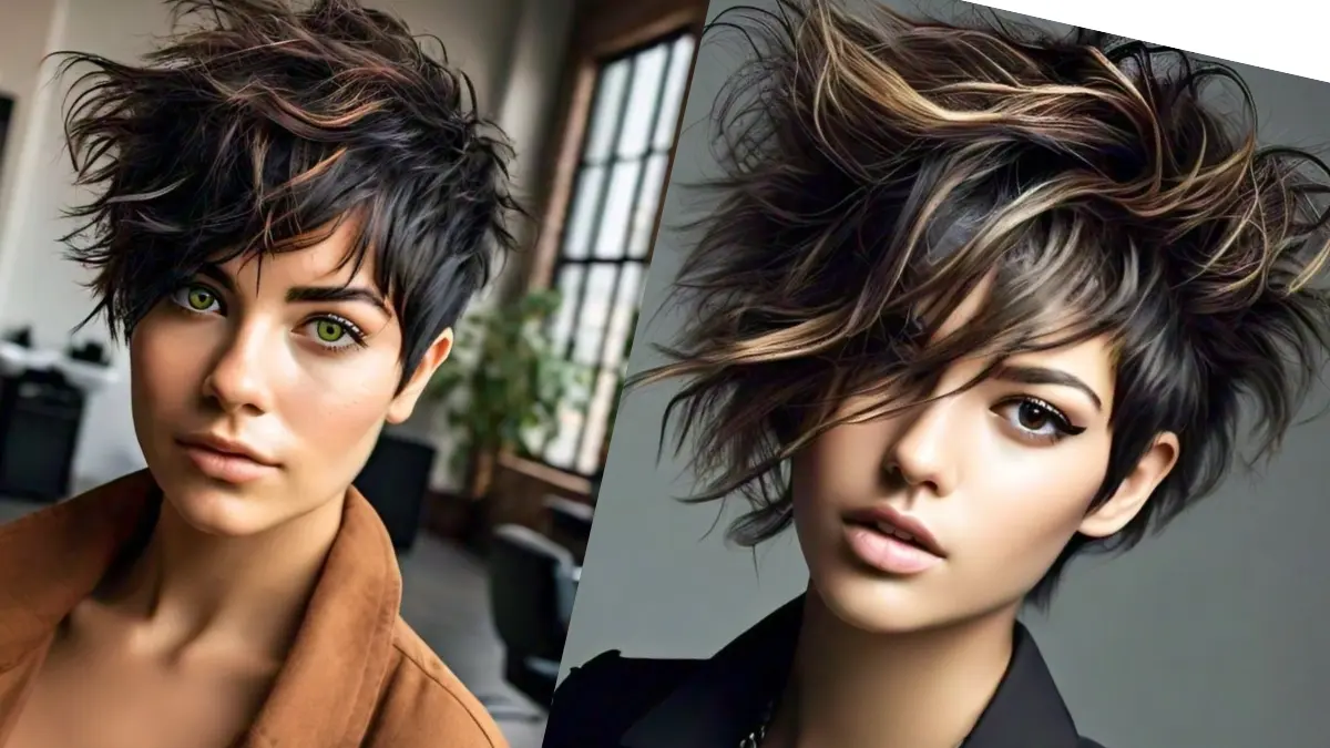 An asymmetrical pixie cut features longer hair on one side, giving an edgy and unique appearance