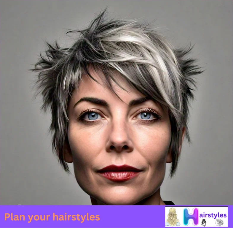 Bold asymmetrical pixie cut with sweeping bangs, adding a unique, confident touch to a modern style.