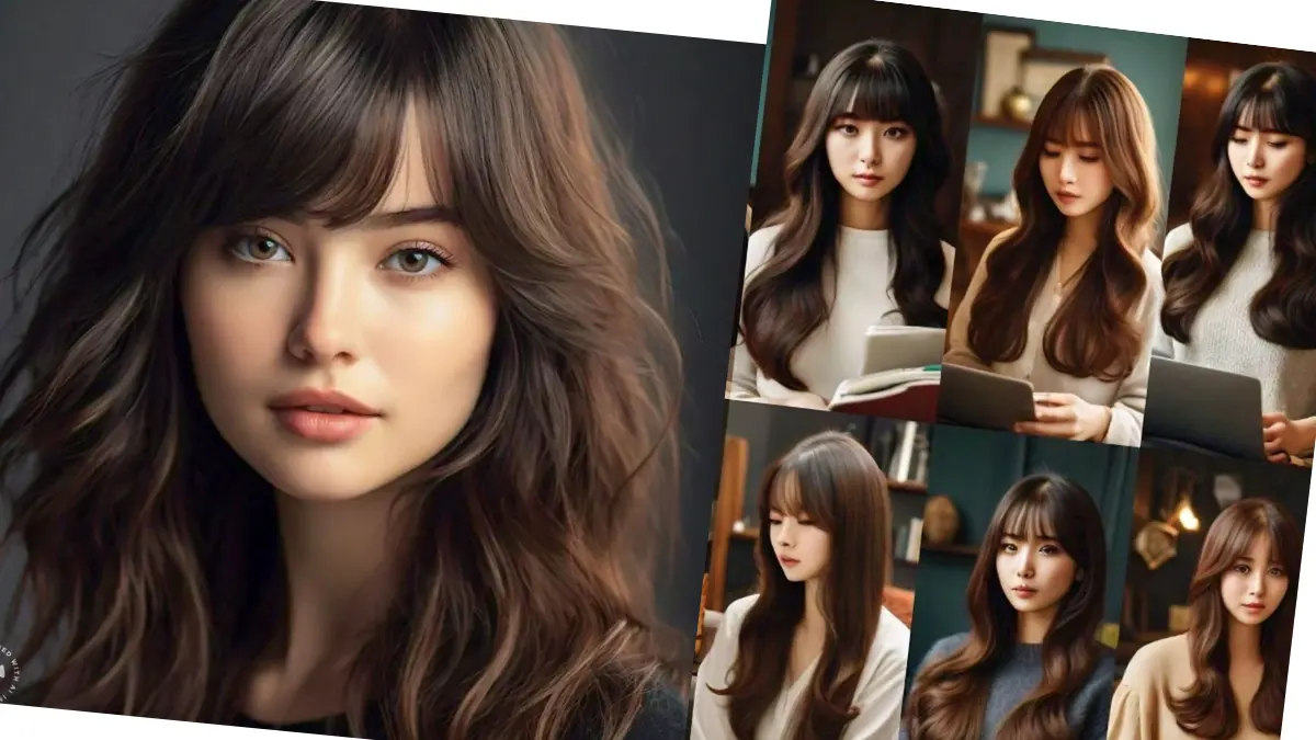 Long layered hairstyle with bangs, featuring textured layers for a stylish and modern look.