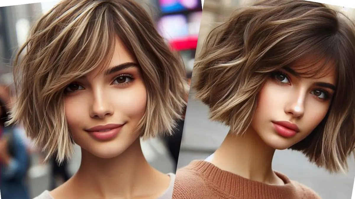 Woman with a choppy bob haircut, featuring uneven, textured layers for a casual look.