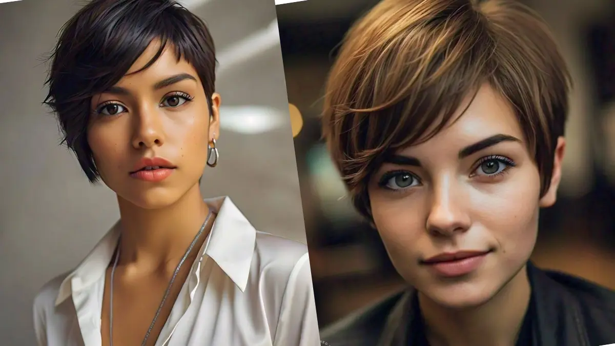 Close-up of a woman with a classic pixie cut, highlighting short, sleek layers.