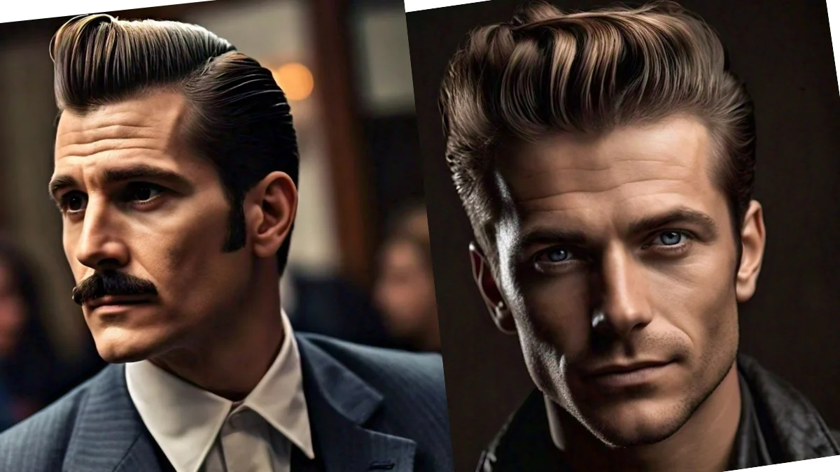 Classic pompadour medium length haircut with voluminous slicked-back top and shorter sides, offering a stylish, retro-inspired look