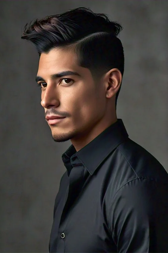 A man with a combed to the side pixie haircut, featuring short layers styled to the side for a versatile appearance.