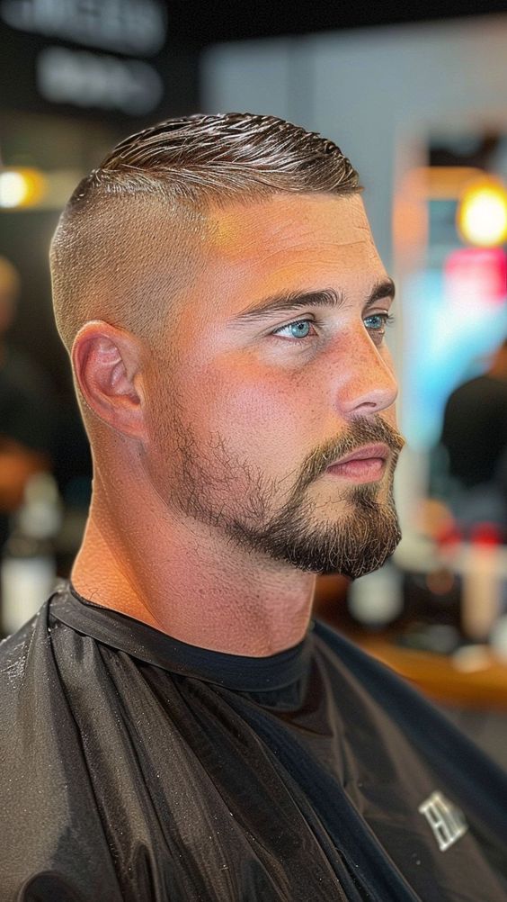 A man with a crew pixie haircut featuring a close, tapered cut at the back and sides with slightly longer hair on top styled forward into a small quiff.