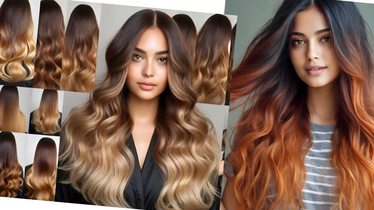 Long hair with ombre effect, transitioning from dark roots to lighter tips.