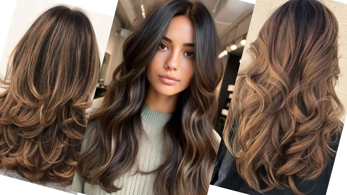 Long layered hairstyle with flowing waves and natural highlights for a modern, chic look.