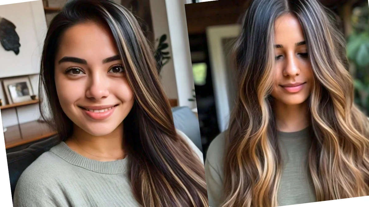 Long hair with highlights, adding depth and dimension to the hairstyle.