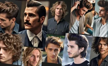 Medium length hairstyles for men 2024 featuring diverse styles like the pompadour, layered cut, shaggy cut, undercut, faux hawk, and curtain hairstyle.