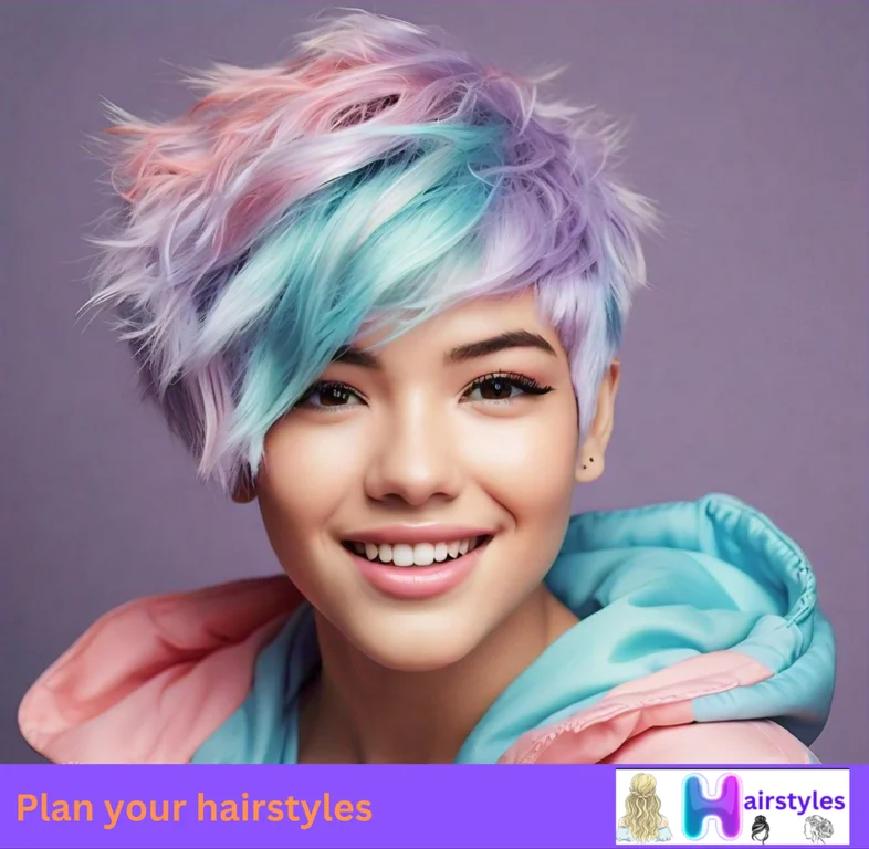 Bold pastel-colored pixie with soft bangs and mid-length top, featuring vibrant pastel tones for a playful twist.