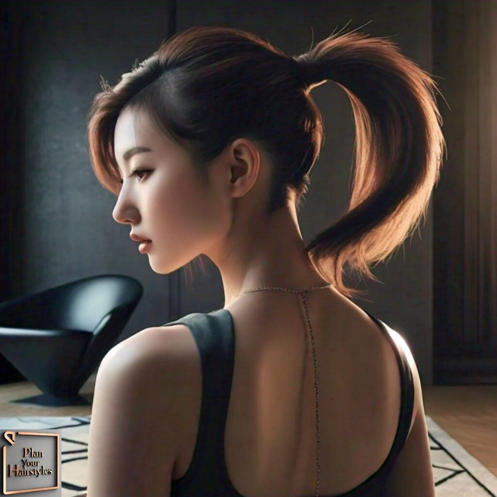 Pulled-Back Ponytail Thin Haircut for women, featuring a sleek ponytail pulled tightly back for a polished and elegant look.