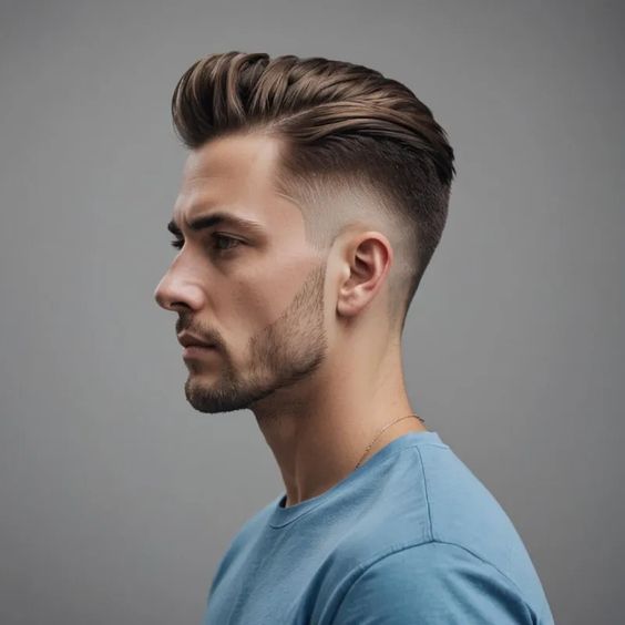 A man with a quiff pixie haircut, showcasing height at the front with longer hair on top styled up and to the side.