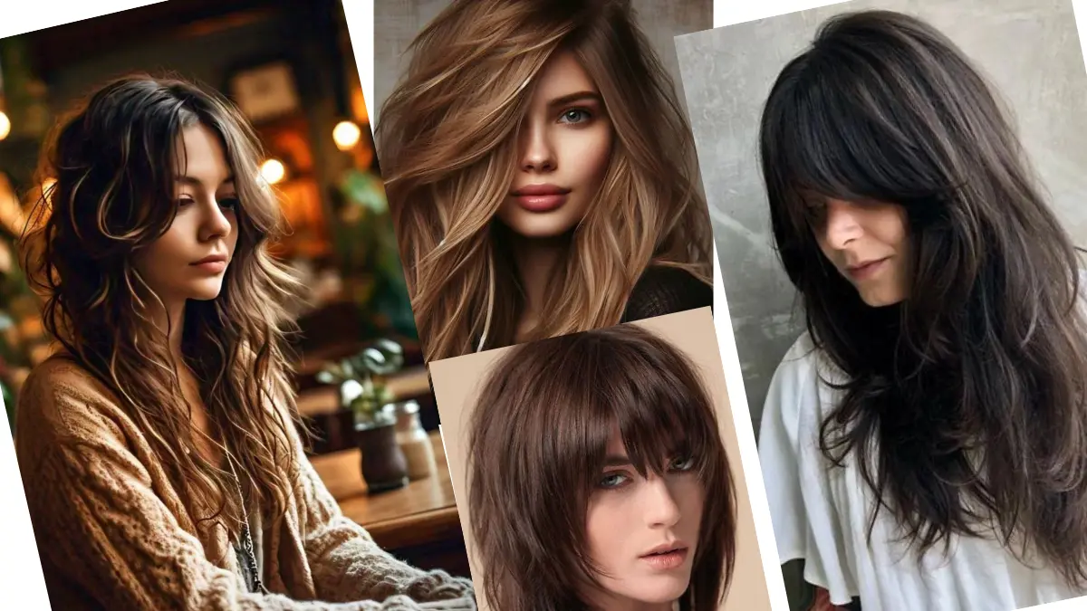 Relaxed shaggy layers on long hair, providing texture and an edgy look for 2024.
