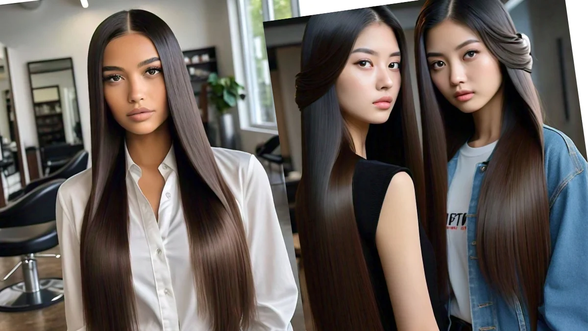 Elegant woman with sleek and straight long hair, reflecting a polished and sophisticated style.