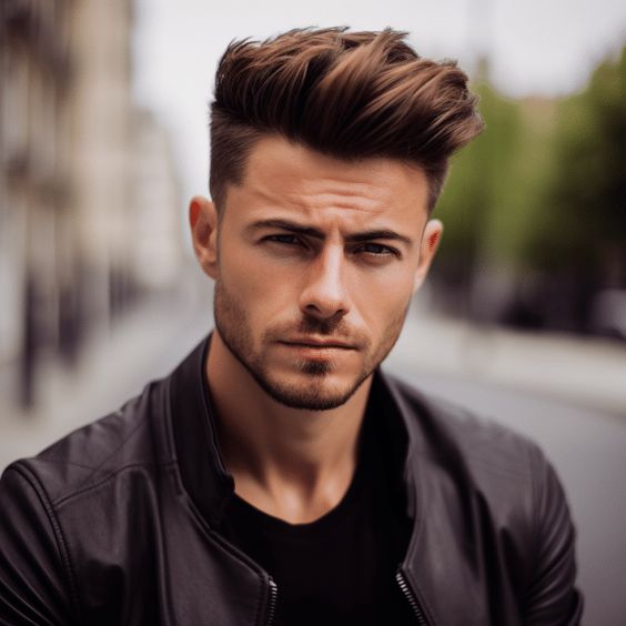 A man with a slick back pixie haircut, featuring hair grown out and combed back with pomade for a sleek appearance.