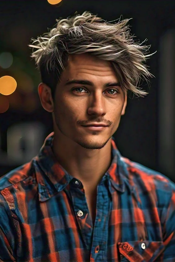 A man with a textured crop pixie haircut, displaying tousled layers on top with short, crisp sides and back.