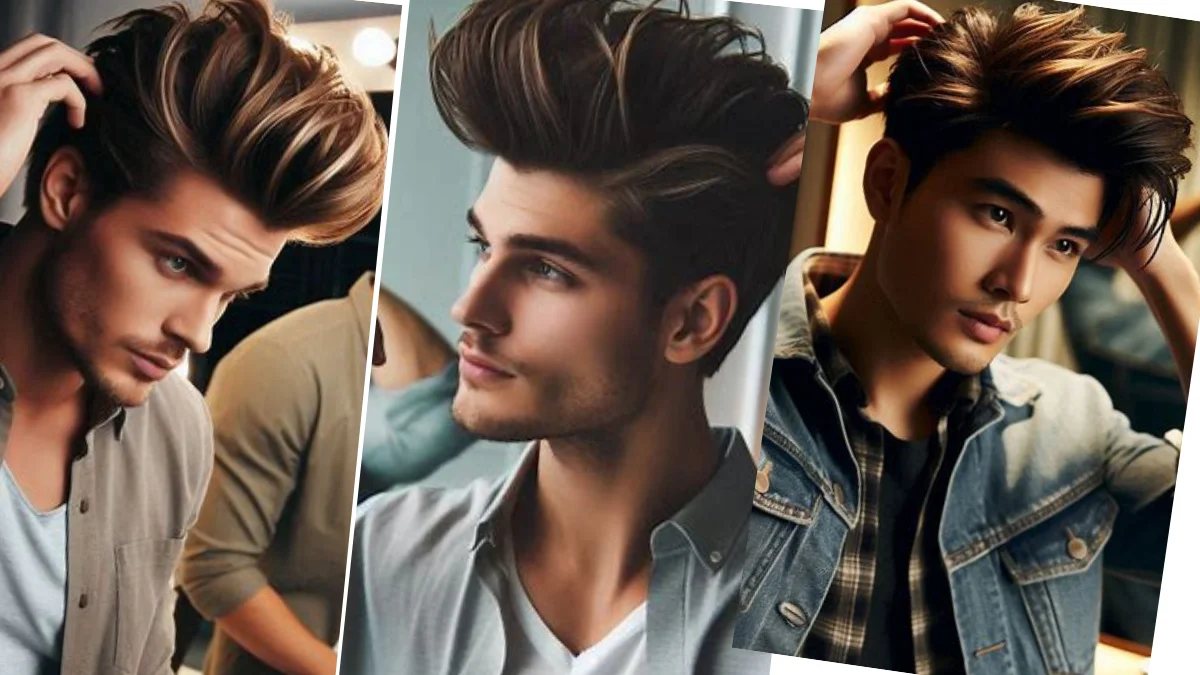 Faux hawk medium length hairstyle featuring a styled central strip of hair with shorter sides, offering a trendy and edgy look.