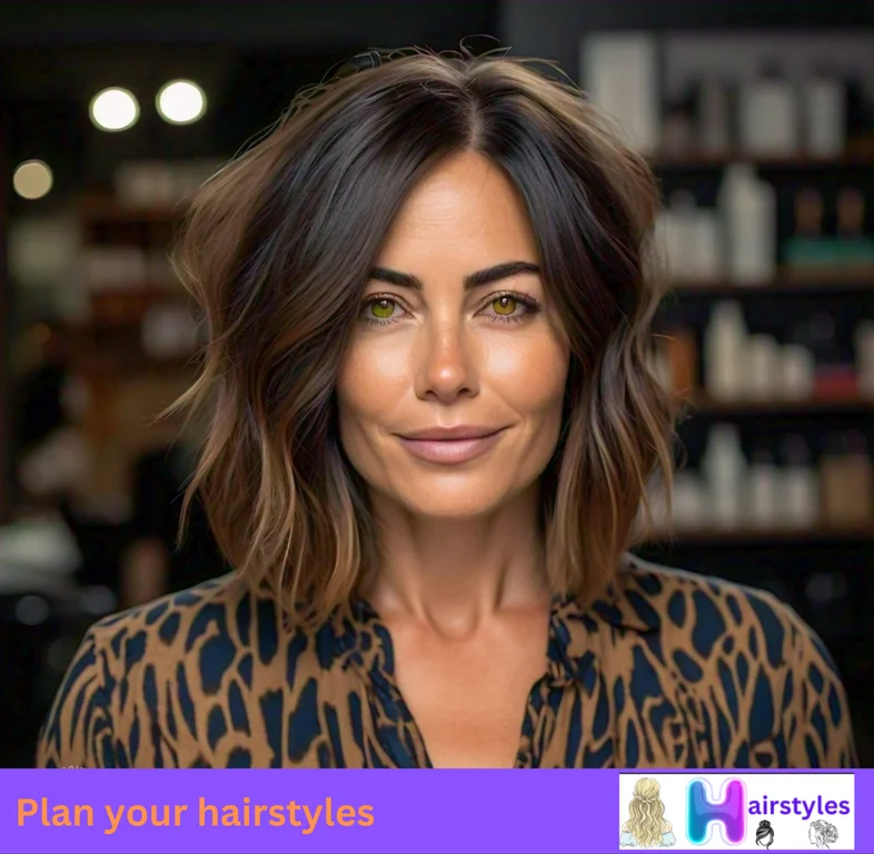 Shoulder-length trendy long bob with curtain bangs, offering a soft, elegant variation on the classic bob.