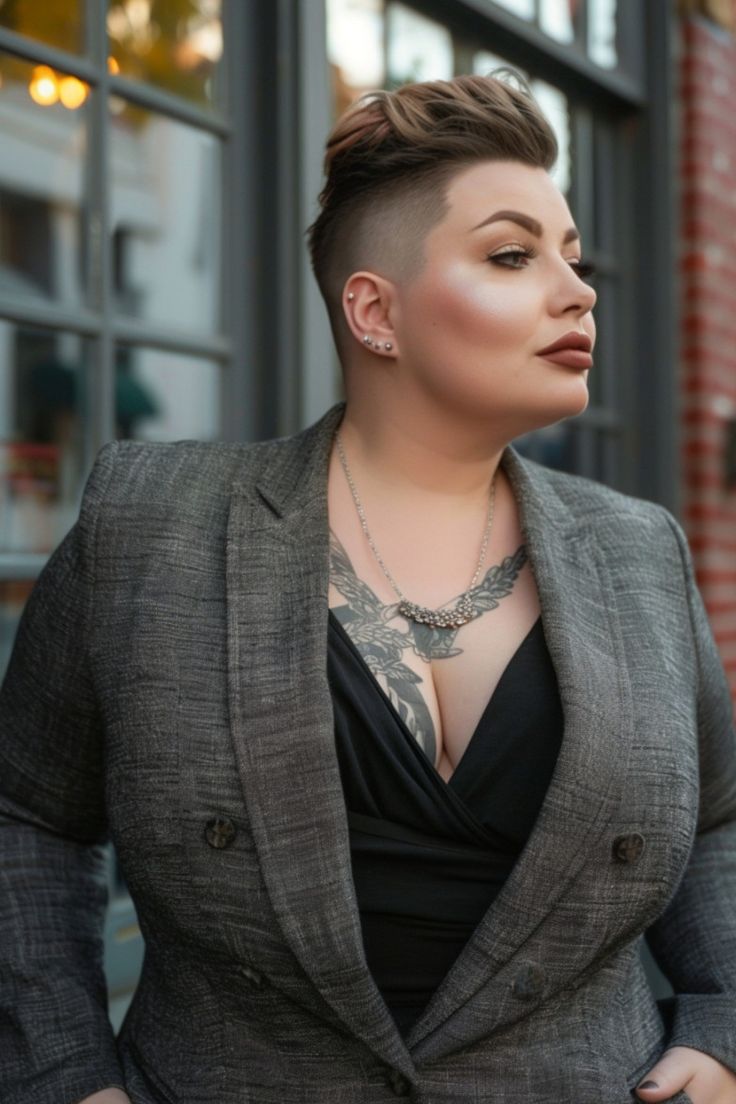 Bold Undercut Pixie for Plus Size Women: Unique Short Hairstyle Highlighting Cheekbones