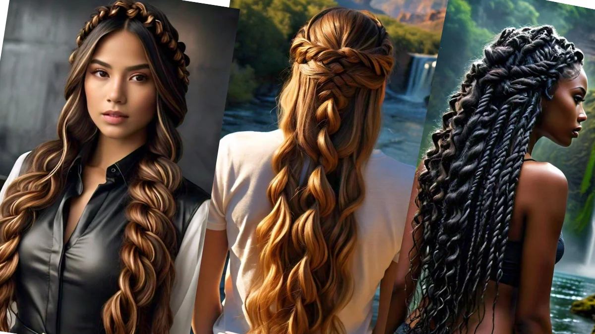 Intricate waterfall braid cascading through long hair, perfect for a whimsical look.