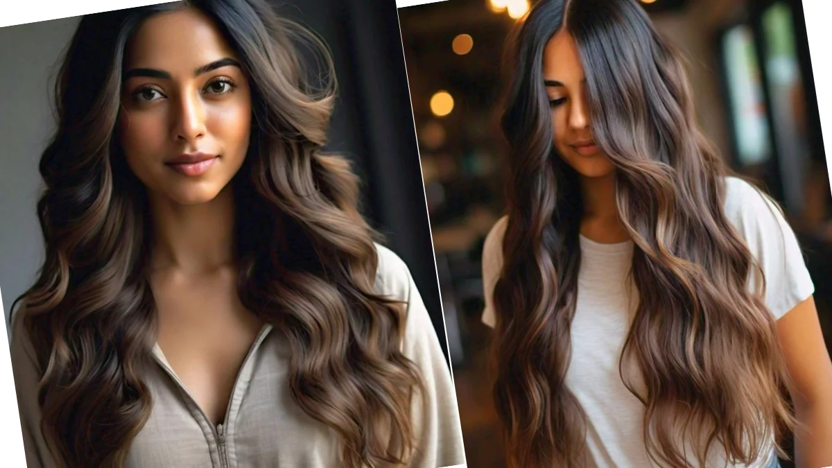 Long hair with wavy ends, giving a soft and romantic touch to the style.