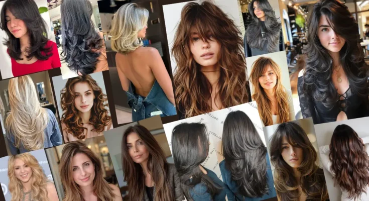 Long-haired woman with beautifully layered haircut and highlights.