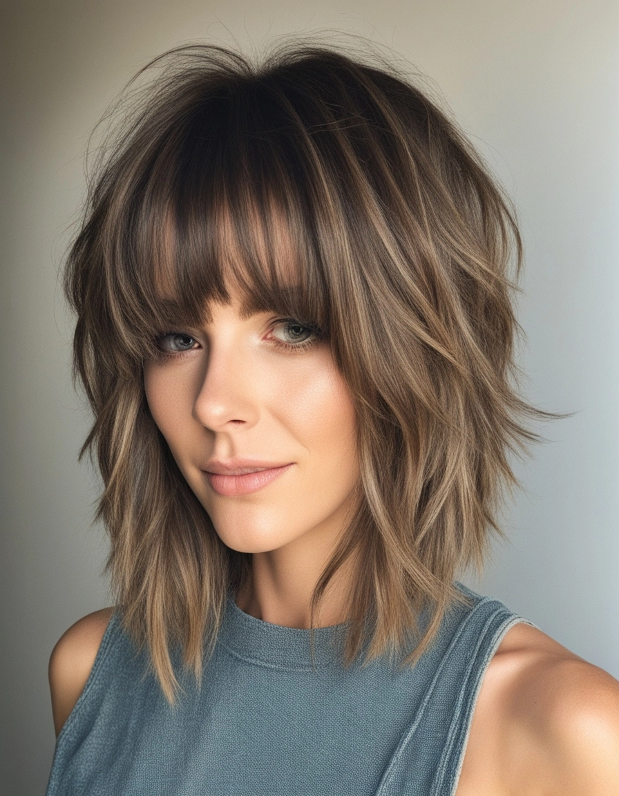 Portrait of a woman with a modern Asymmetric Shag Haircut, showcasing layered lengths and textured waves for trendy, voluminous style.