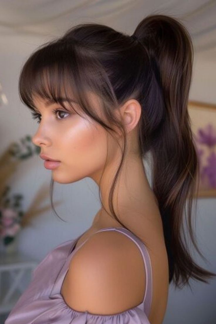 Elegant black hair ponytail hairstyle with sleek, shiny strands and a high-fashion look.