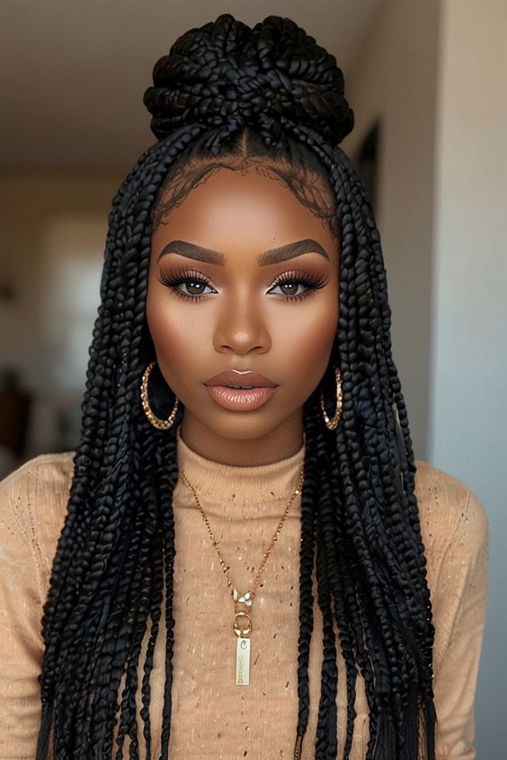 Bohemian knotless box braids styled in a natural, knot-free appearance with soft edges.