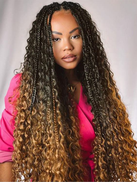 Crochet method boho box braids with full volume and defined sections.