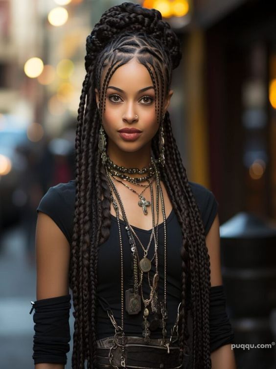 Knotless boho braids featuring a smooth, natural look with no visible knots.