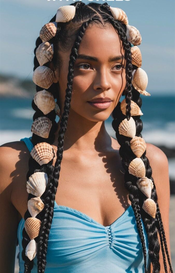 Boho braids featuring seashells as decorative accents for a beach-inspired look.