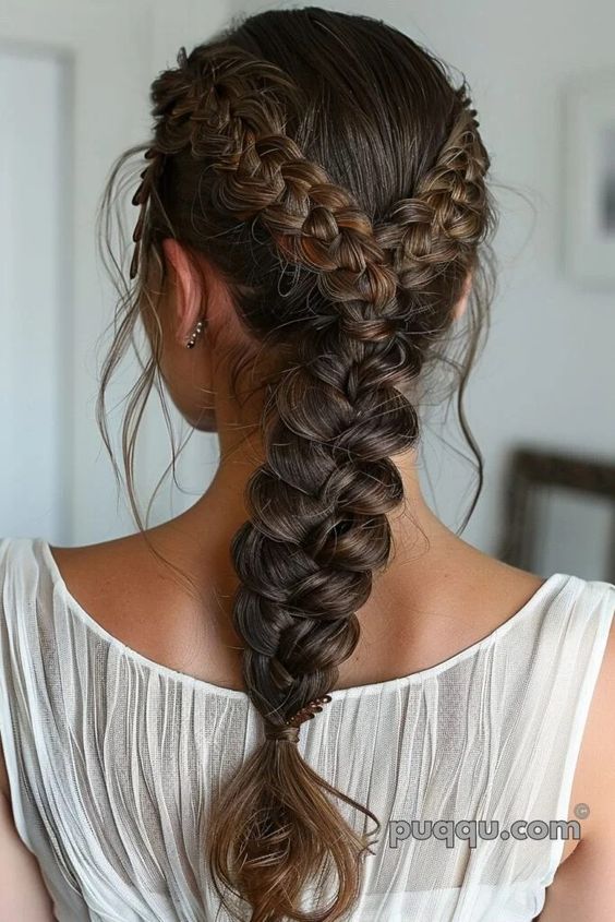 Intricate boho fishtail braids with detailed weaving and elegant texture.