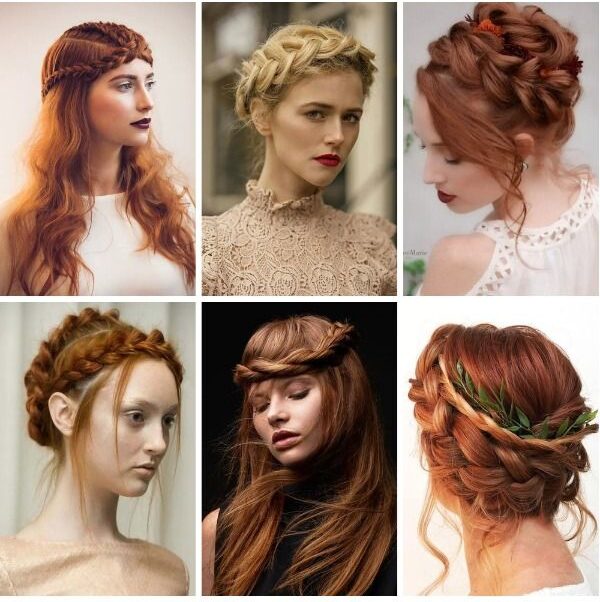 Milkmaid braids styled into a crown-like appearance with a boho twist.