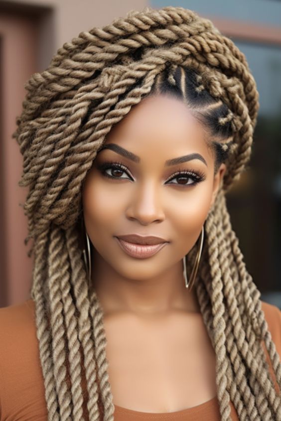 Twisted updo with boho braids, featuring an elegant and sophisticated twist.