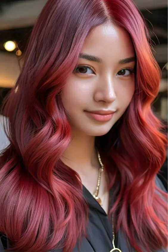 Contrast natural black hair with bold burgundy red hair. Complement it with trendy money-piece highlights for a stunning effect.