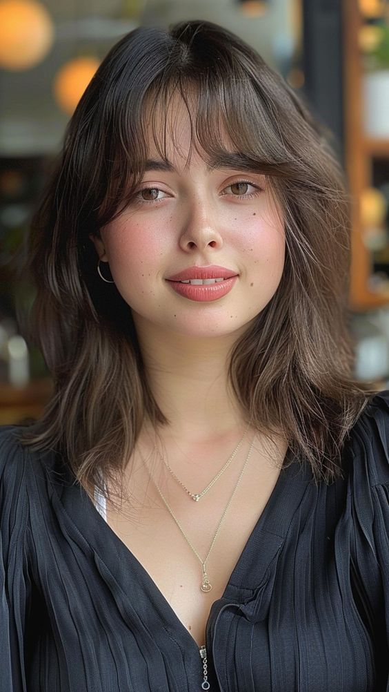 Woman with choppy layers hairstyle for round face