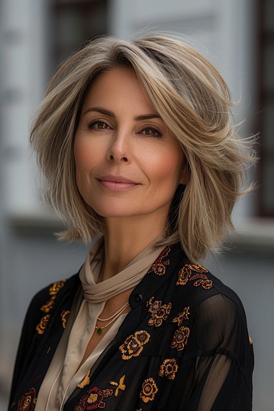 Woman with classic modern shag haircut showcasing layered, textured hair with a trendy, tousled finish.