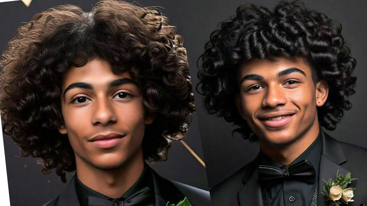 Man with a curly Afro hairstyle, styled uniquely for prom.