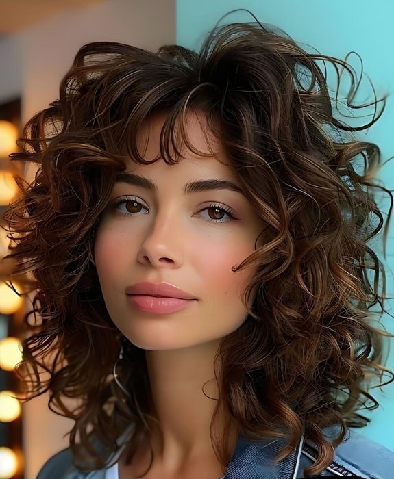 Woman with curly modern shag haircut featuring voluminous layers and natural curls for effortless style.