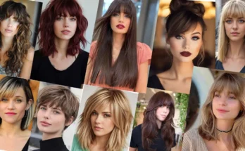 Woman showcasing various hairstyles and haircuts with bangs.