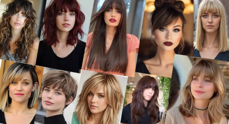 Woman showcasing various hairstyles and haircuts with bangs.