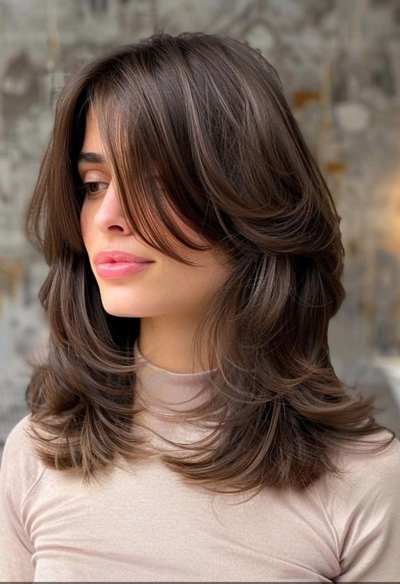 Medium hair with layered curtain bangs for added texture and volume.