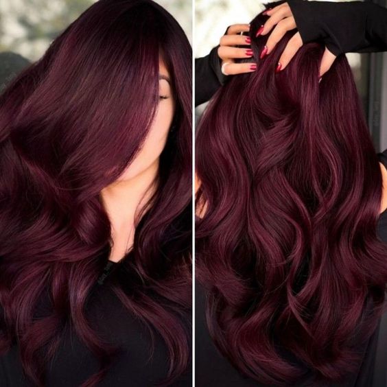 Stand out at any event with dark maroon hair. This versatile shade complements both short bobs and long loose waves, ideal for olive skin tones.