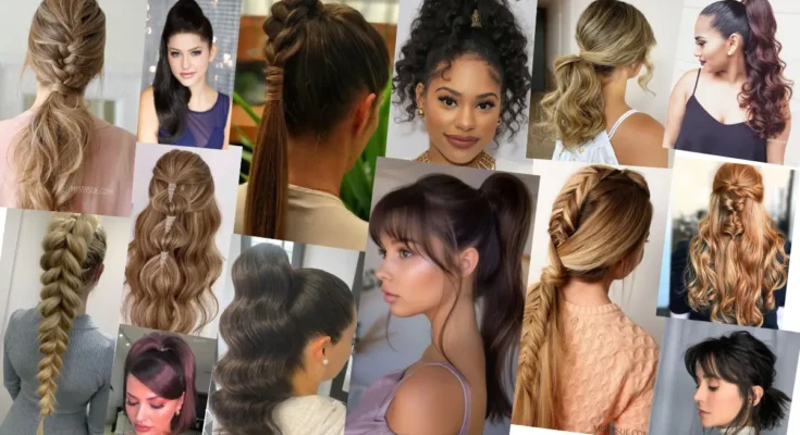 Collection of trendy ponytail hairstyles for 2024, including sleek high ponytails, textured ponytails with braids, and elegant updos, showcasing versatility and chic appeal for different hair types and occasions.