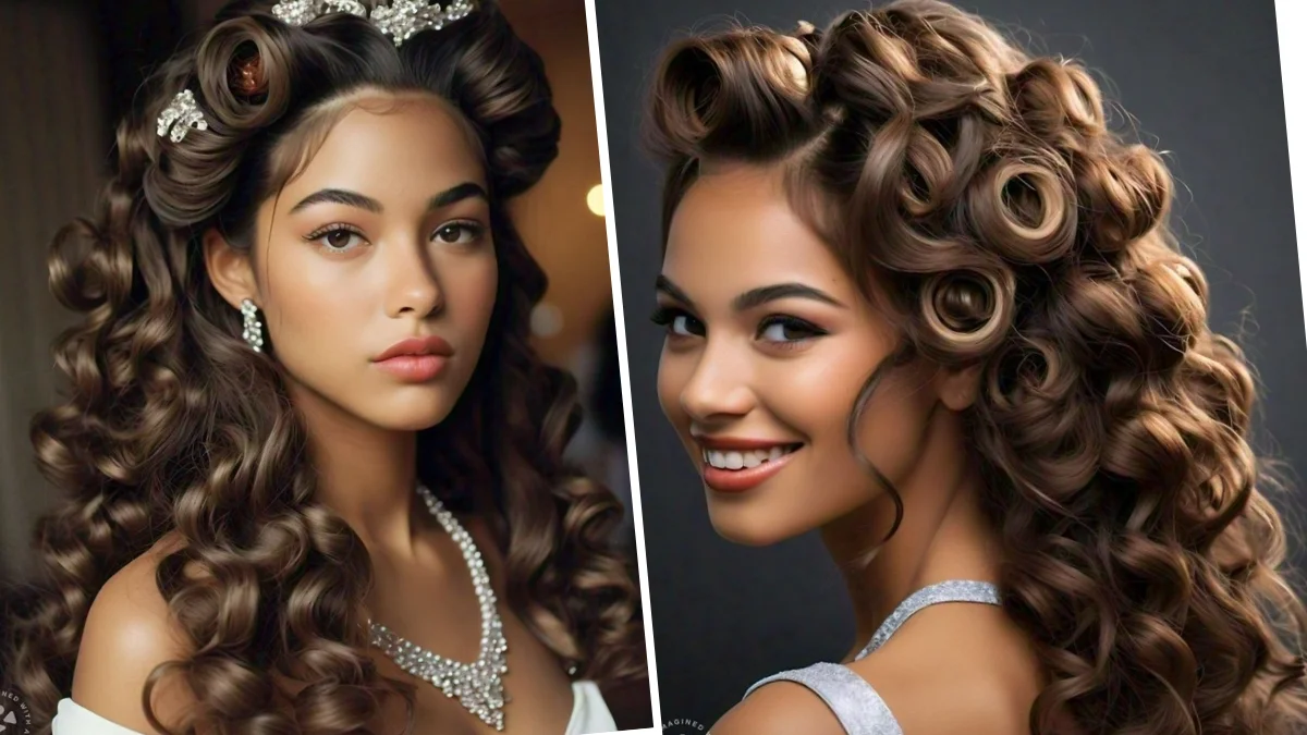 Woman with glamorous curls styled elegantly for prom.