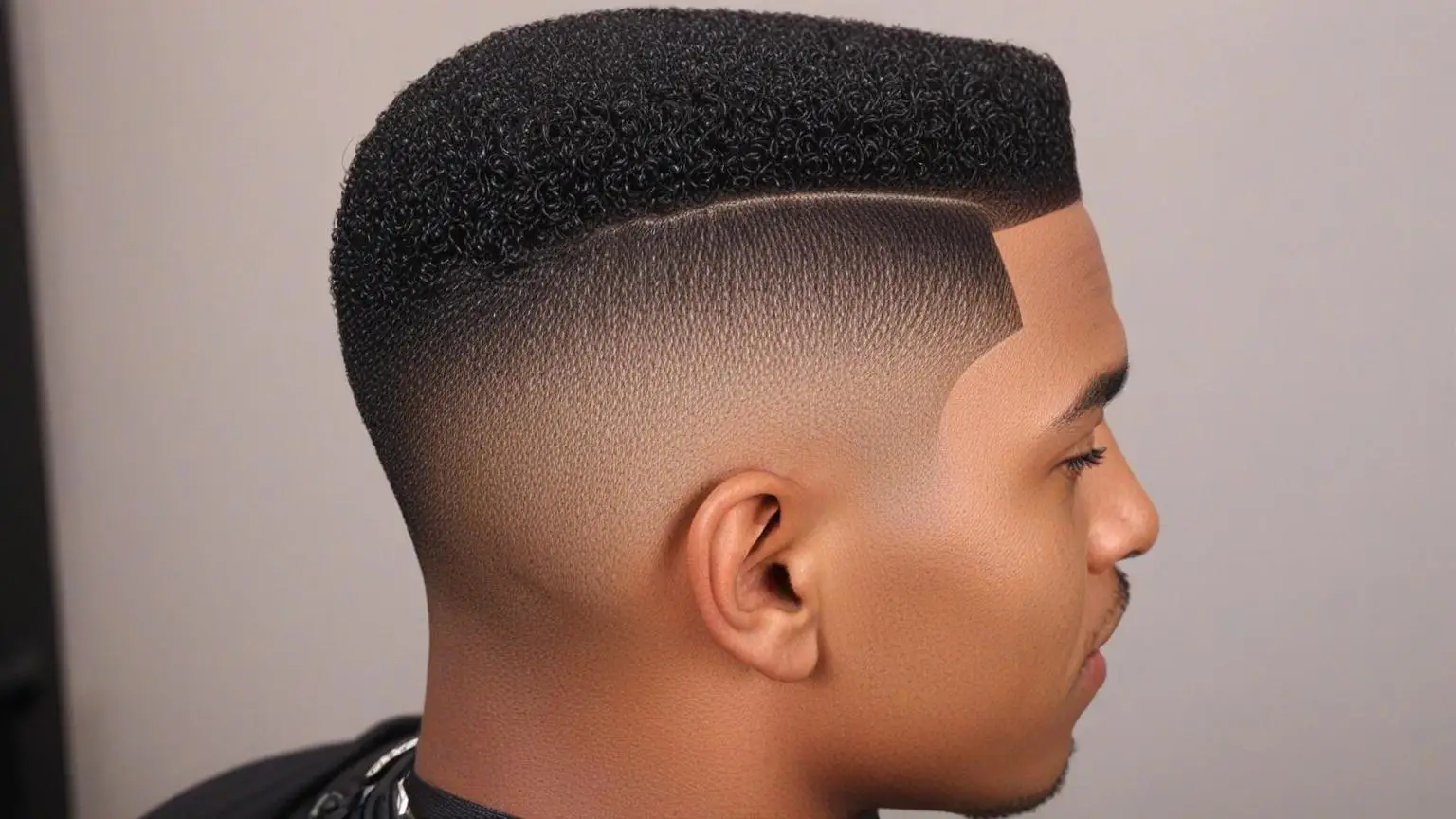 Black man with jet-black flat top and custom shaves. 