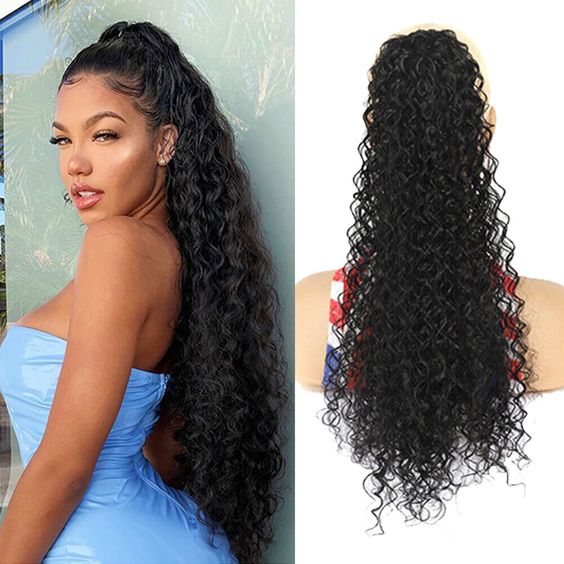 Kinky curly drawstring ponytail featuring tightly defined curls for a full, voluminous appearance