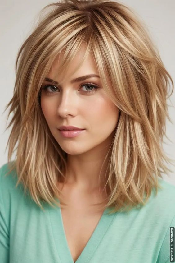 Woman with layered haircut and bangs.