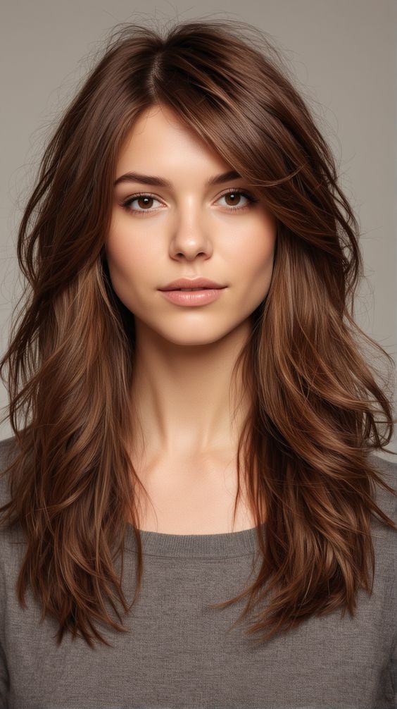 Flattering layered hair with side-swept bangs adding charm.