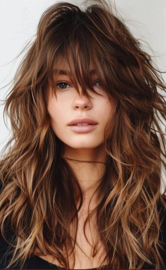 Relaxed layered shag providing volume and a boho vibe for long hair.